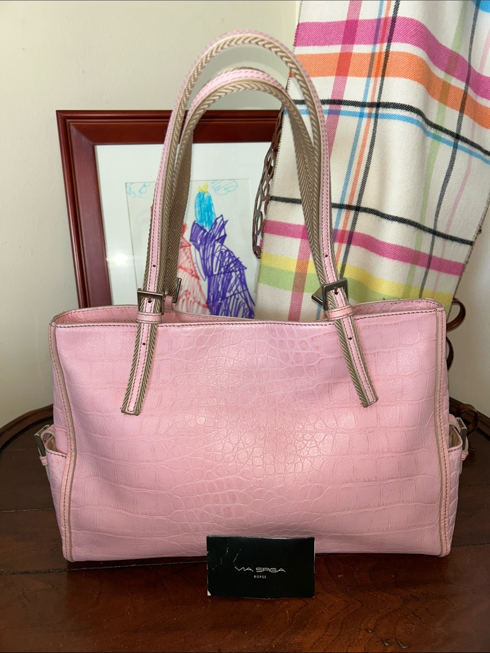 Via Spiga Pink Croc-Embossed Shoulder Tote with scarf included